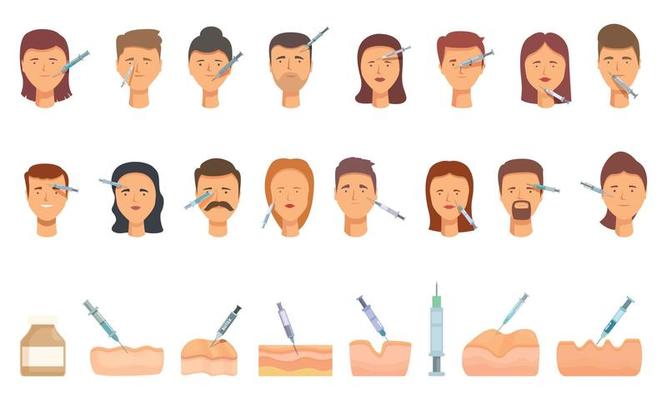 Botox icons set cartoon vector. Skin injection