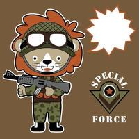 Funny lion in soldier uniform with rifle, military element, vector cartoon illustration