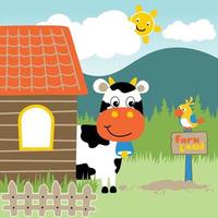 Funny cow with bird in the farmyard, smiling sunrise behind mountains, vector cartoon illustration