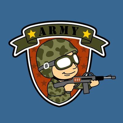 Soldier with rifle in army logo concepts, vector cartoon illustration