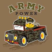 Funny cat soldier driving armored vehicle, vector cartoon illustration