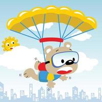 funny bear fly on parachute, vector cartoon illustration