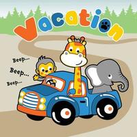 Funny animals on car, vector cartoon illustration