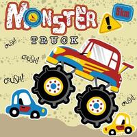 Monster truck crushing small cars, vector cartoon illustration