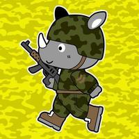 Cute rhinoceros in soldier uniform with rifle on camouflage background, vector cartoon illustration