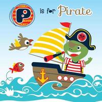 Funny turtle in pirate costume on sailboat with bird and fish, vector cartoon illustration