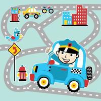 Funny policeman on car, little bird perching on road sign, city traffic elements, vector cartoon illustration