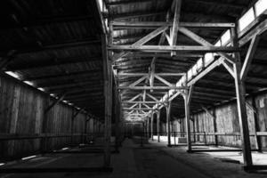 auschwitz - Birkenau concentración acampar. reconstruido vacío cuartel. concentración campamento.el interior de el edificio en el acampar. foto