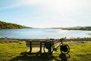 Touring bicycle set up with pannier in scenic nature by coast photo
