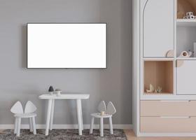 TV mock up in children's room. LED TV with blank white screen. Copy space for advertising, kids movie, app, game presentation. Empty television screen ready for your design. 3D render. photo