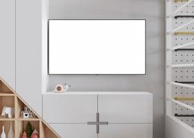 TV mock up in children's room. LED TV with blank white screen. Copy space for advertising, kids movie, app, game presentation. Empty television screen ready for your design. 3D render. photo