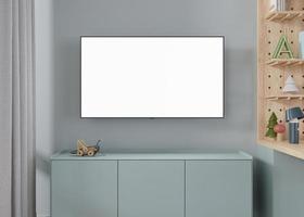 TV mock up in children's room. LED TV with blank white screen. Copy space for advertising, kids movie, app, game presentation. Empty television screen ready for your design. 3D render. photo