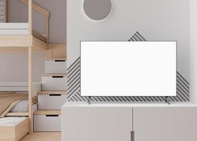 TV mock up in children's room. LED TV with blank white screen. Copy space for advertising, kids movie, app, game presentation. Empty television screen ready for your design. 3D render. photo