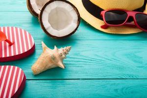 Summer conceptual background, summer accesories close up top view photo