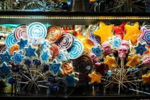 MOSCOW, RUSSIA-FEBRUARY 1, 2020 Different lollipops on showcase at candy shop, closeup photo