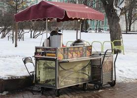 Sankt Petersburgo Rusia - 02 13 2023 calle rápido comida en el puesto durante el caminar en un ciudad parque en invierno, comiendo rápido comida en el ir. foto