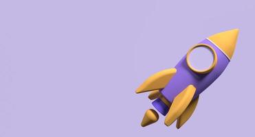 3d rendering illustration spaceship rocket launch on purple background. Spaceship icon. 3d purple rocket with fire. 3d render illustration photo