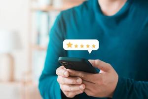 Customer Satisfaction Survey concept, 5-star satisfaction, service experience rating online application, customer evaluation product service quality, satisfaction feedback review, good quality most. photo