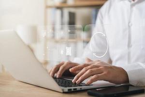 The concept of upgrading the operating system with the latest version, better system software updates, digital software development, data upgrades and future operating system updates. photo