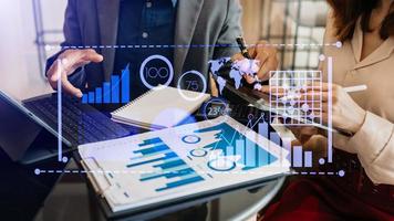 Intelligence and business analytics with key performance indicators dashboard concept.StartUp Programming as Fintech concept.Business team meeting. Photo professional investor  at office