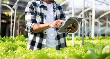 el hombre da lechuga de jardinería en la granja con proceso de crecimiento y fórmula química sobre fondo verde. con icono de realidad virtual foto