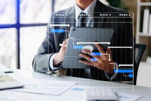 Project manager working and update tasks with milestones progress planning and Gantt chart scheduling diagram.business tram working at office photo