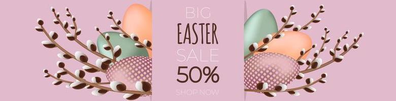 Happy easter sale banner. Willow branches with the easter eggs on purple background. Can be add text. vector