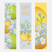 Set of vector banners, bookmarks. Happy easter concept with forget me not flowers and eggs.