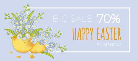 Happy easter sale. Forget-me-not flowers in the easter egg shell on blue background. Can be add text. vector