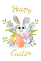 Happy easter. Cute little rabbit or hare sitting with easter eggs and flowers of forget-me-not. vector