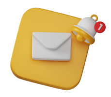 Envelope email with bell notification alert inbox sign icon on yellow board 3d rendering png