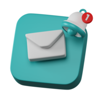 Envelope email with bell notification alert inbox sign icon on light blue board 3d rendering png