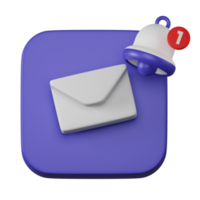 Envelope email with bell notification alert inbox sign icon on purple board 3d rendering png