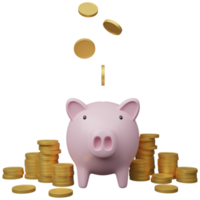 Pink piggy bank and golden coins, 3D render illustration. png