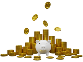 Stack of 3D golden coins with piggy bank. 3D render illustration. png