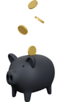 Black piggy bank and golden coins, 3D render illustration. png