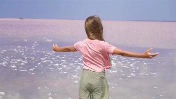 garota em um lago de sal rosa em um dia ensolarado de verão. video