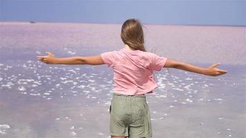 Girl on a pink salt lake on a sunny summer day. video