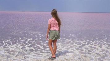 menina em uma Rosa sal lago em uma ensolarado verão dia video