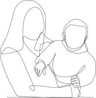 Continuous one line drawing baby boy being held by his mother. Family concept. Single line draw design vector graphic illustration.