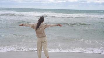 Young woman on the beach in the storm video