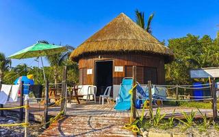 Playa del Carmen Quintana Roo Mexico 2021 Palms parasols sun loungers beach resort Playa del Carmen Mexico. photo