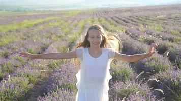 Woman in lavender flowers field at sunset in white dress and hat video