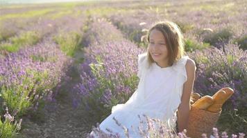 Woman in lavender flowers field at sunset in white dress and hat video