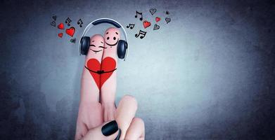 Happy finger couple in love with headphone. 3d illustration. photo