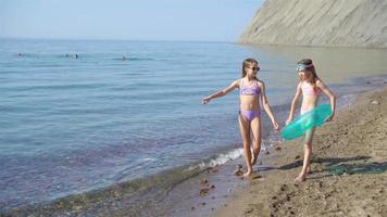 weinig gelukkig grappig meisjes hebben een veel van pret Bij tropisch strand spelen samen. video