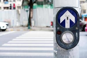 Pedestrian Traffic Crosswalk Button with Blurred Crosswalk Background. photo