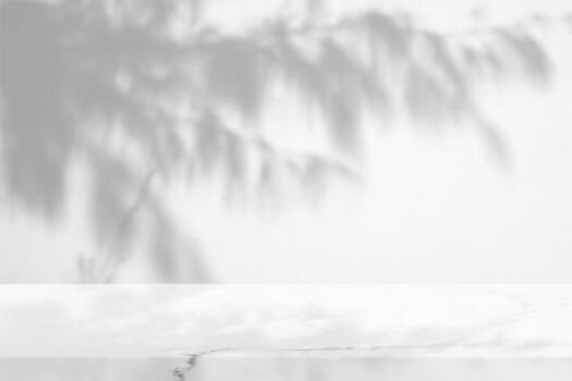 White Marble Table with Pine or Christmas Leaves Shadow on Concrete Wall Texture Background, Suitable for Product Presentation Backdrop, Display, and Mock up. photo