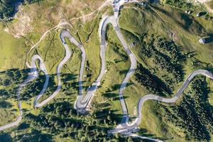 Aerial view of Gardena Pass, Passo Gardena, Rifugio Frara, Dolomiti, Dolomites, South Tyrol, Italy, UNESCO World Heritage. photo
