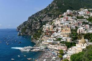 Aerial view of Positano with comfortable beach and blue sea on Amalfi Coast in Campania, Italy. Amalfi coast is popular travel and holyday destination in Europe. photo